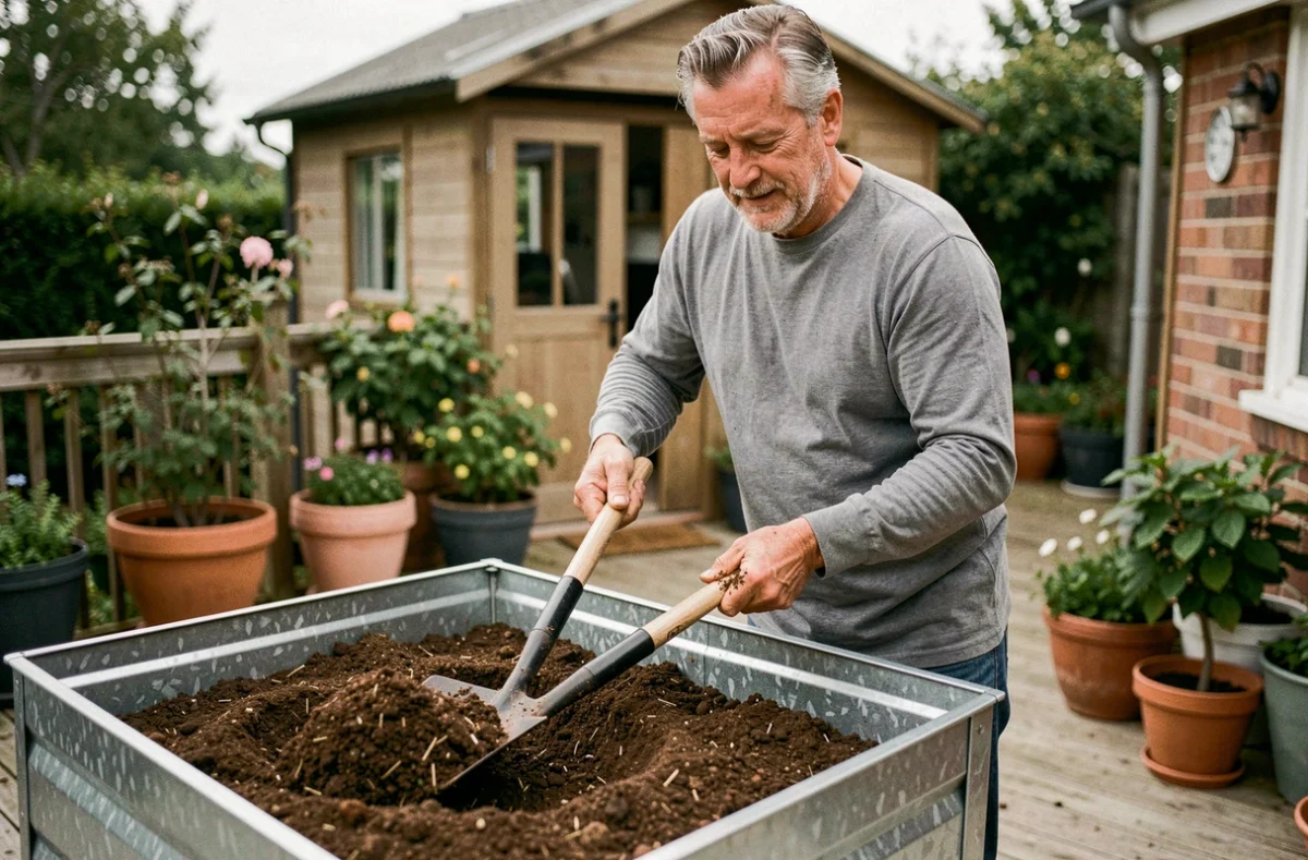 Homme mélangeant du compost dans un carré potager surélevé en métal galvanisé sur une terrasse en bois avec un cultivateur