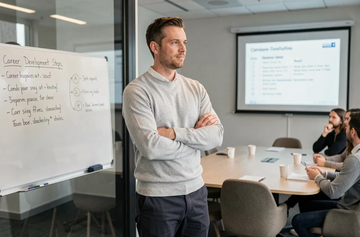 Homme en pull gris participant à une session de formation professionnelle en présentiel dans une salle de conférence moderne