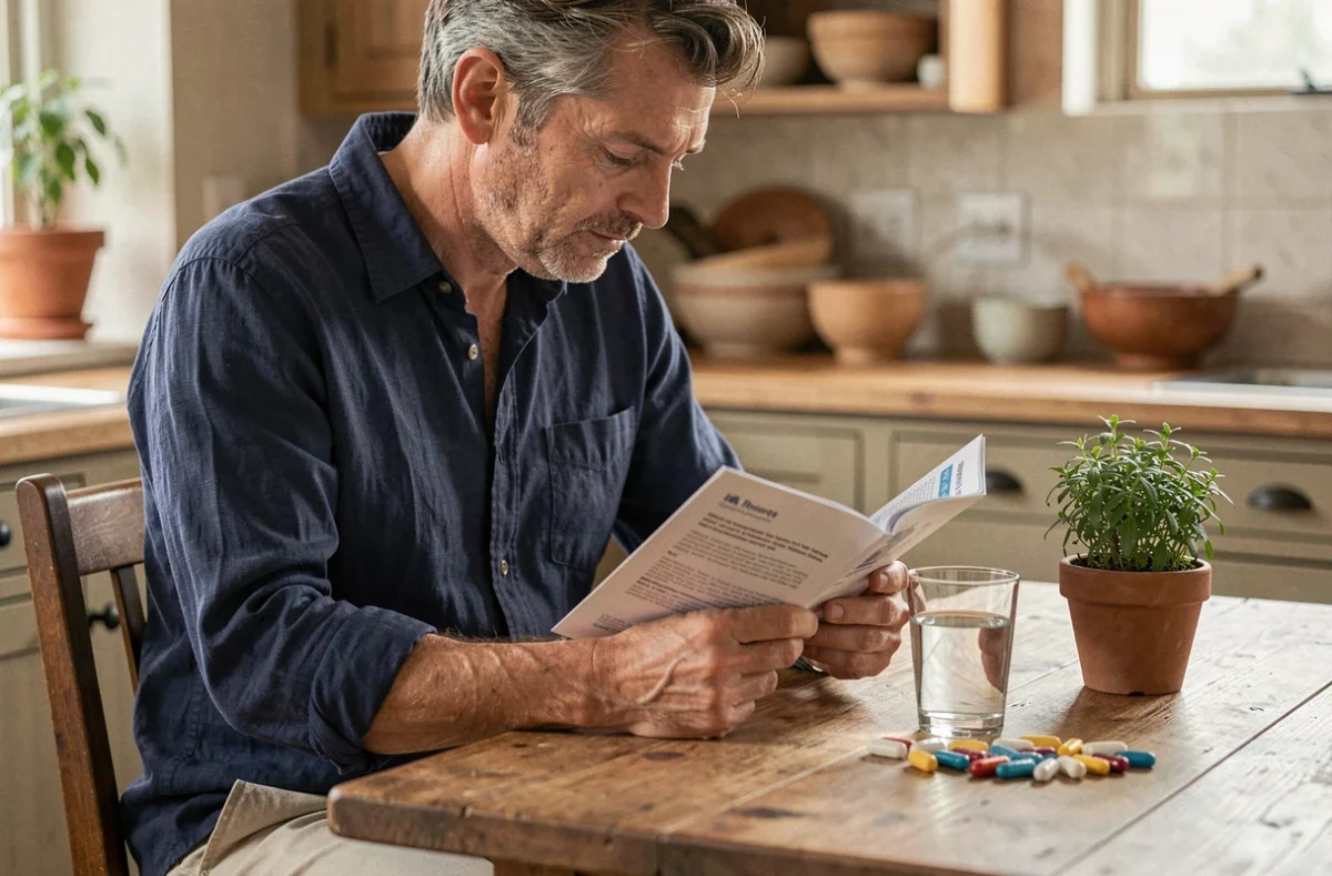 Homme consultant un guide de santé avec des compléments alimentaires sur une table en bois