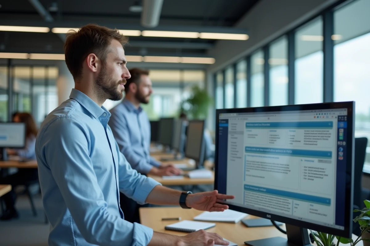 Homme consultant un modèle de courrier administratif en ligne dans un espace de coworking moderne