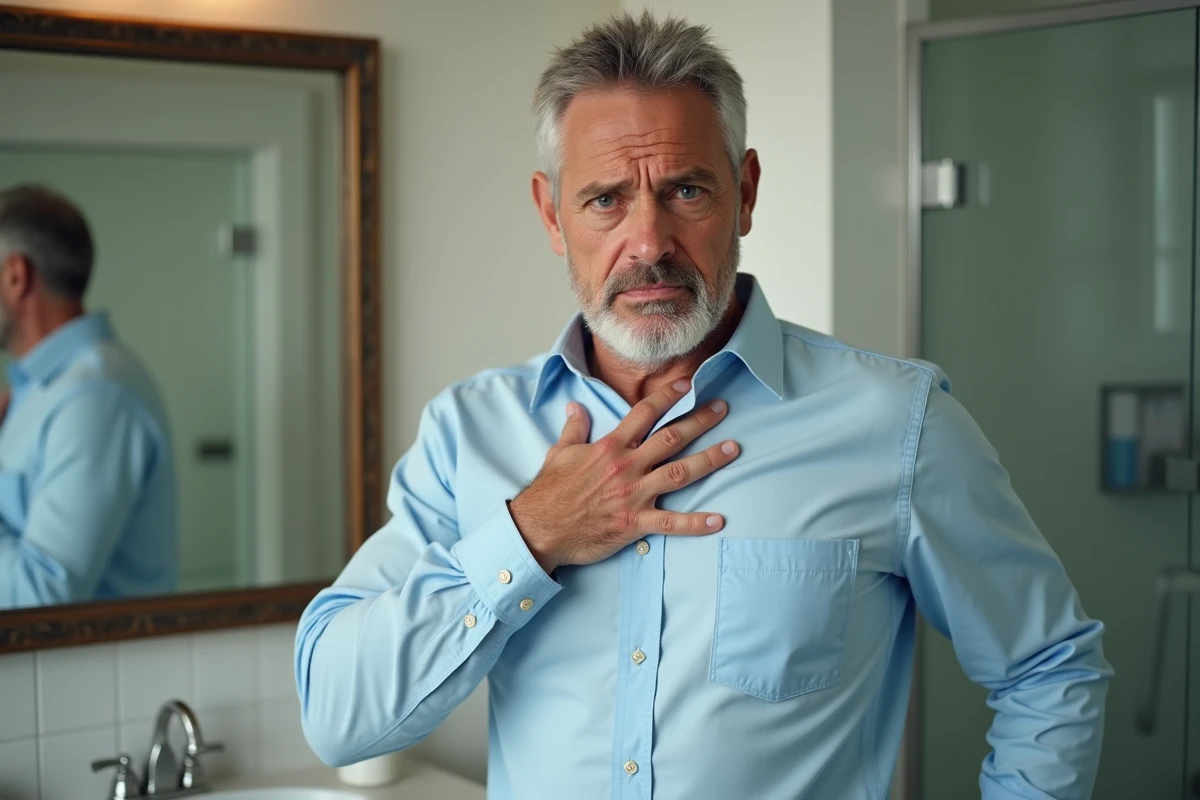 Homme d age moyen se touche la poitrine dans la salle de bain