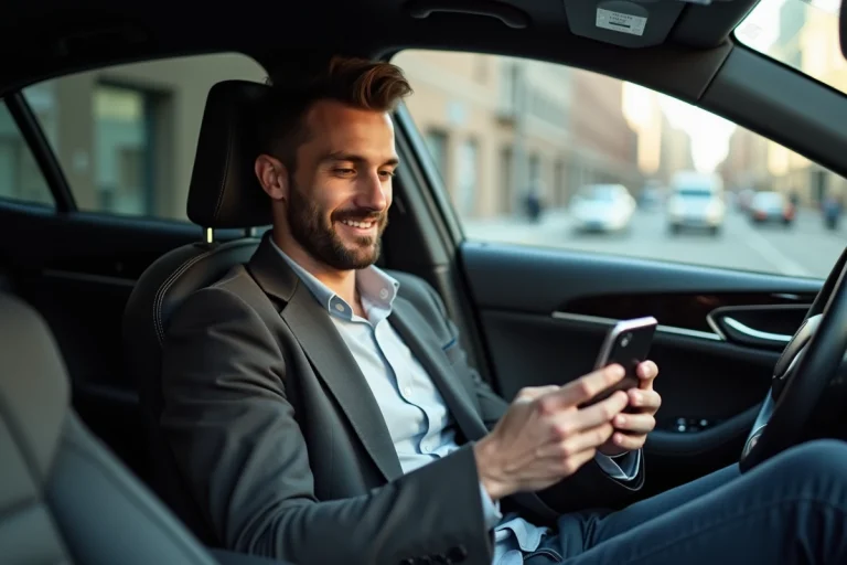 Homme en voiture lisant sur son smartphone pour l'article