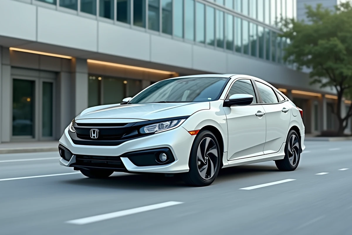 Honda Civic e:HEV dans un environnement urbain moderne, mettant en avant son design raffiné et sa conduite fluide