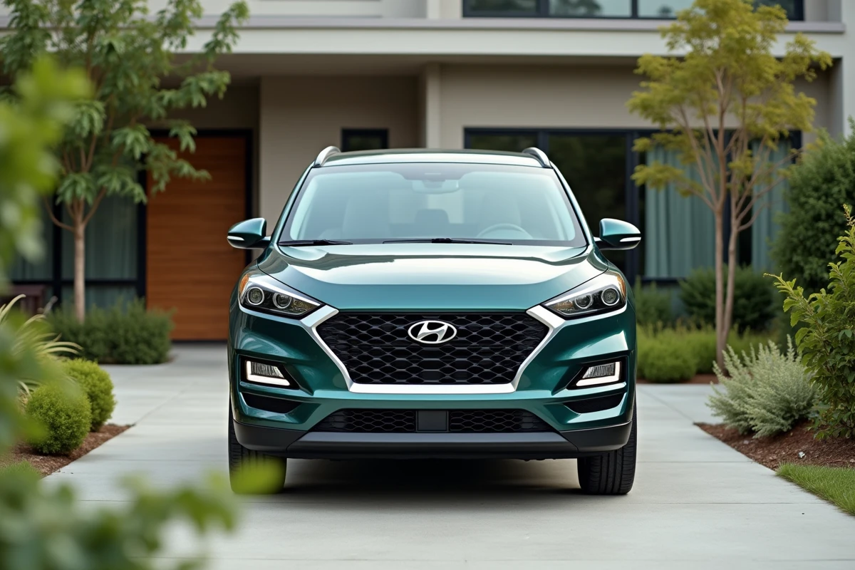 Hyundai Tucson hybride devant une maison familiale moderne, illustrant son positionnement de SUV familial bien équipé