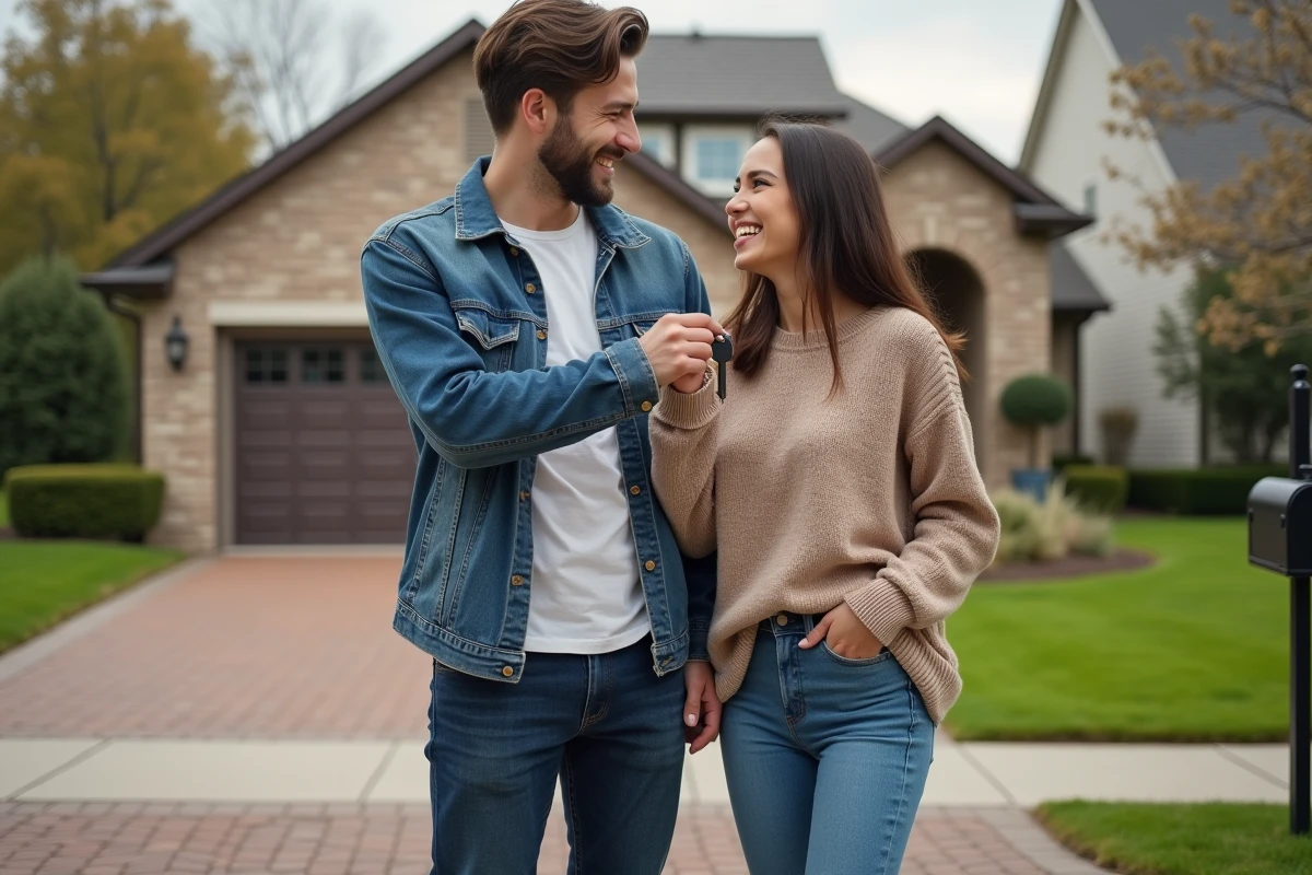 Jeune couple heureux devant maison neuve