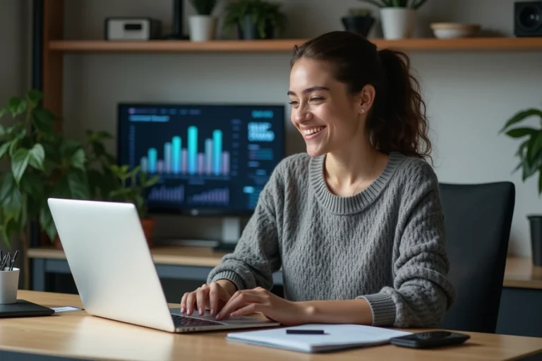 Jeune femme au bureau moderne utilisant un ordinateur portable