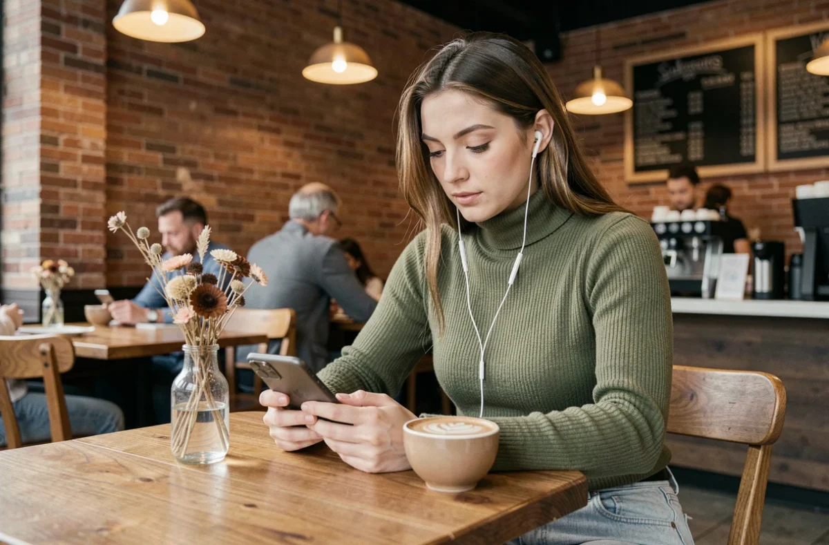 Jeune femme écoutant des ressources audio sur la santé mentale dans un café urbain avec son smartphone