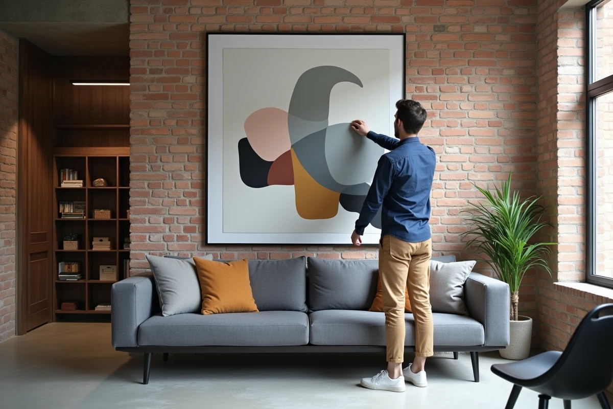 Jeune homme accrochant une œuvre d