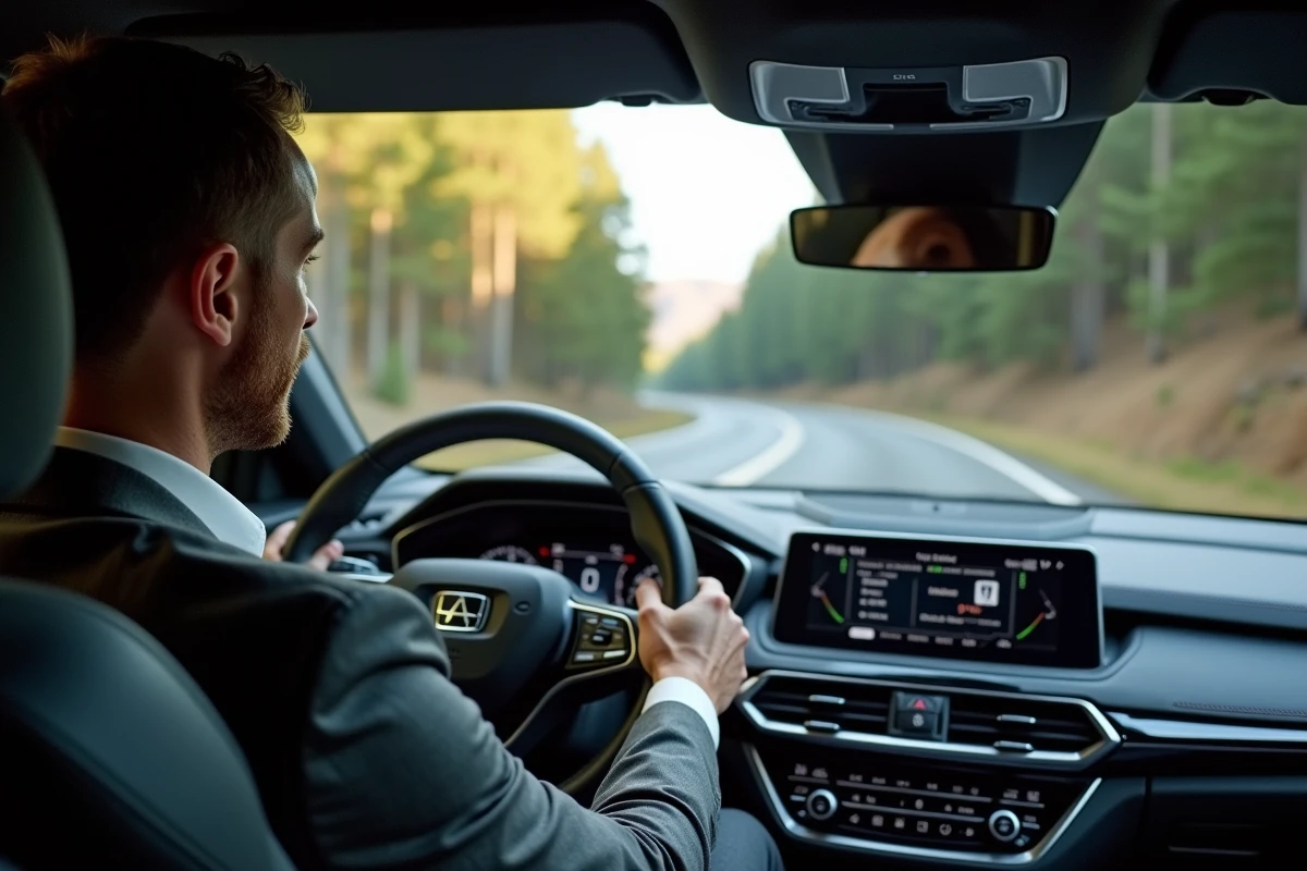 Journaliste automobile au volant d'un SUV premium lors d'un essai routier en montagne