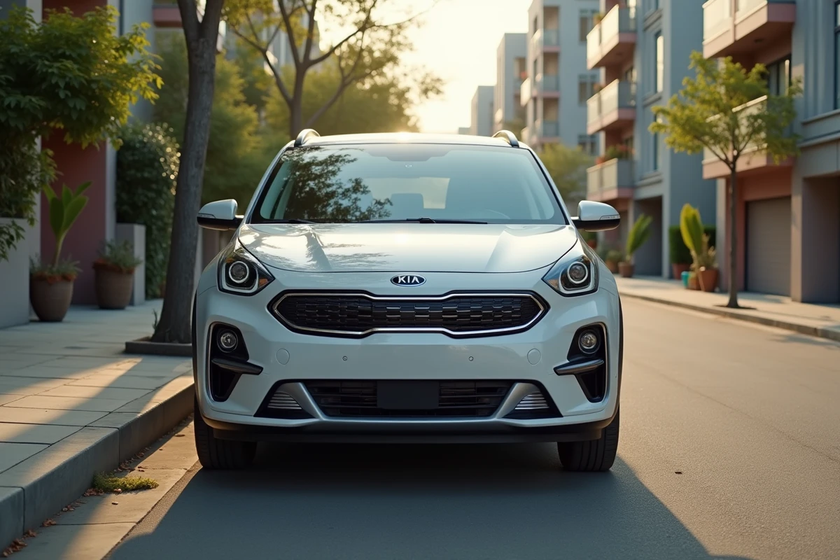 Kia Niro hybride dans un quartier résidentiel urbain, illustrant son positionnement accessible et son design pratique d'entrée de gamme