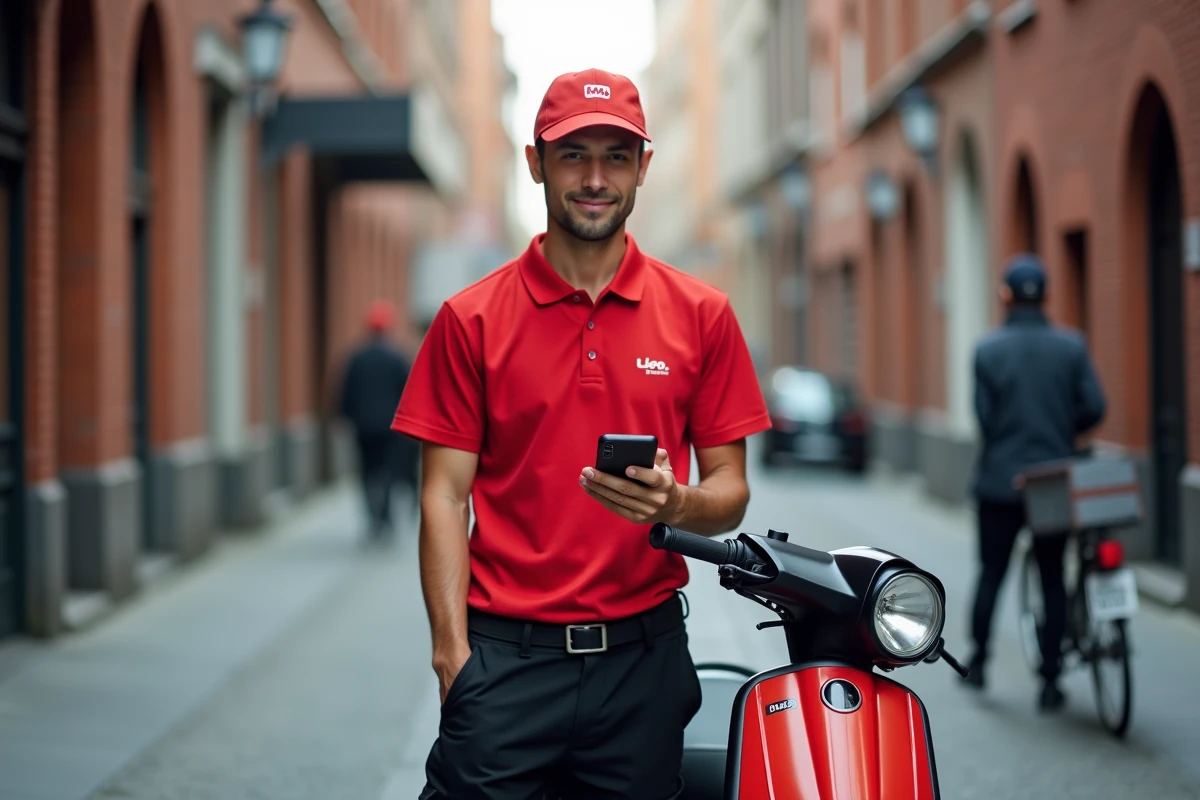 Livreur de pizza consultant une application de gestion de flotte MyPizzaDoor Pro sur smartphone en milieu urbain