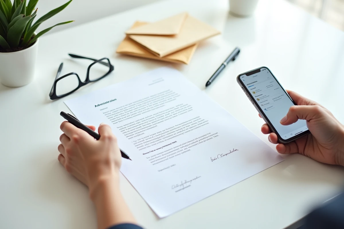 Mains tenant un courrier administratif imprimé et un smartphone affichant un générateur de documents en ligne