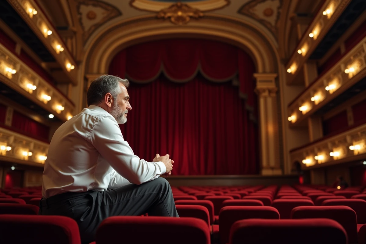 Spectateur assis en orchestre face à la scène vide du Théâtre Mogador pour Le Roi Lion