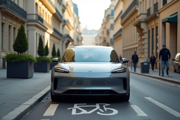 Vue large d'une voiture hybride moderne garée dans une rue urbaine parisienne, illustrant le thème des meilleures voitures hybrides en 2024