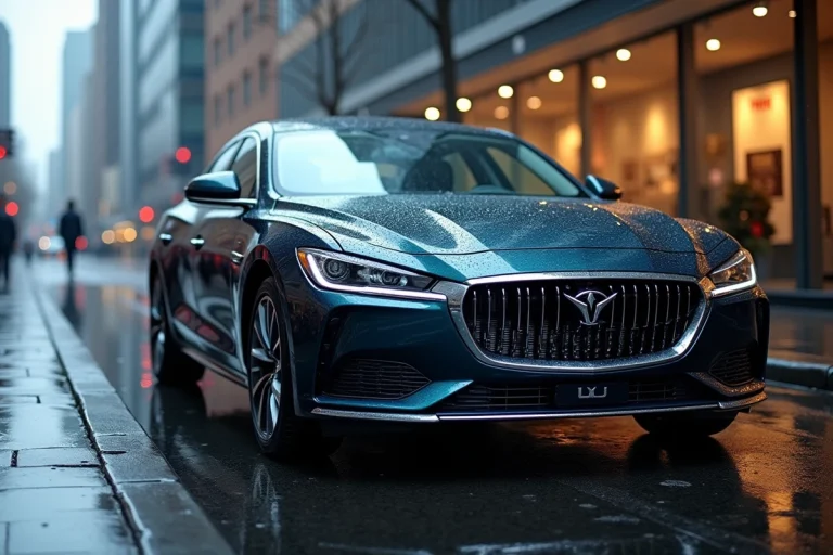 Nouvelle berline moderne garée devant un showroom automobile contemporain sous la pluie, vue en plongée 3/4 avant