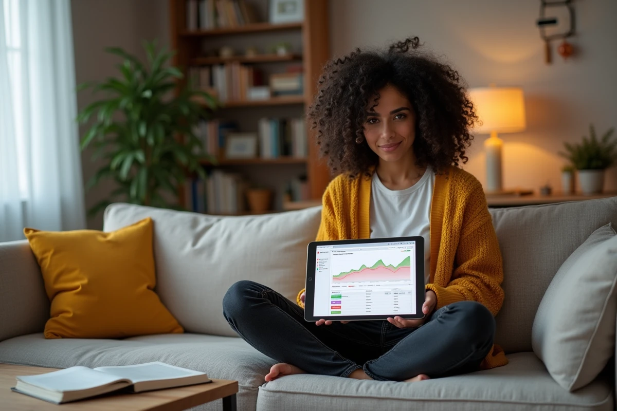 Jeune femme optimisant sa stratégie SEO avec un outil gratuit de suivi de mots clés sur tablette depuis son salon