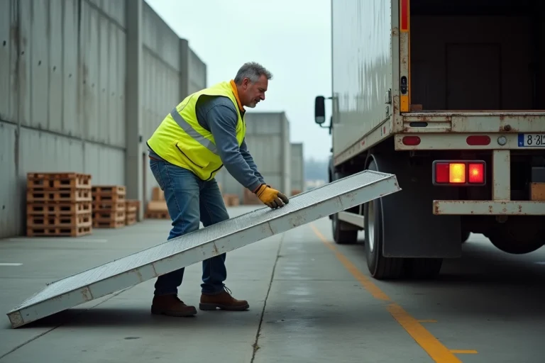 Ouvrier positionnant une rampe de chargement en aluminium entre un camion et un quai de chargement en béton