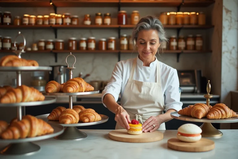 Vitrine d'une pâtisserie parisienne avec une sélection de croissants, éclairs et macarons préparés par une cheffe pâtissière en tablier blanc