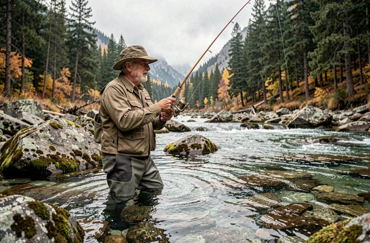 Pêcheur à la mouche en rivière de montagne avec équipement complet et canne à lancer