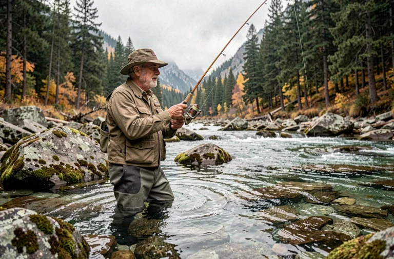Pêcheur à la mouche en rivière de montagne avec équipement complet et canne à lancer