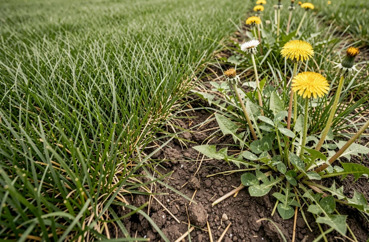 Gros plan sur pelouse montrant la différence entre herbe tondue et non tondue avec présence de mauvaises herbes avant traitement sélectif
