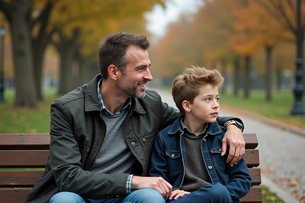 Père et fils adulte assis sur un banc dans un parc en automne, partageant un moment de soutien et d'écoute bienveillante