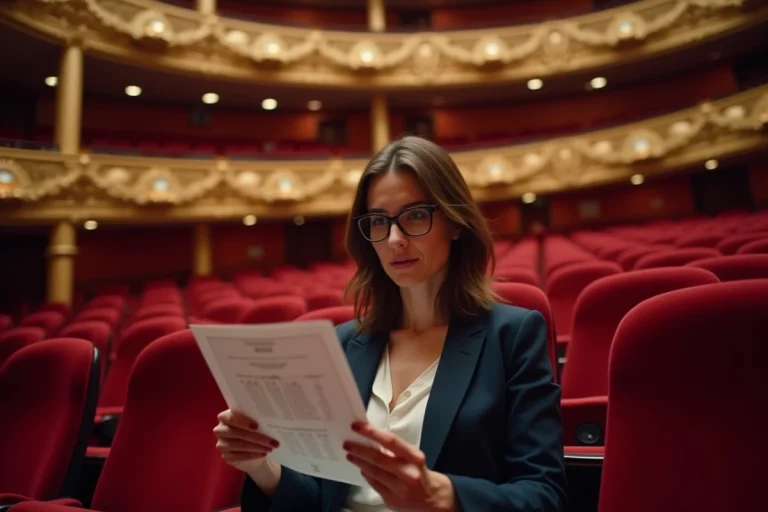 Femme consultant un plan de salle du Théâtre Mogador avant le spectacle Le Roi Lion