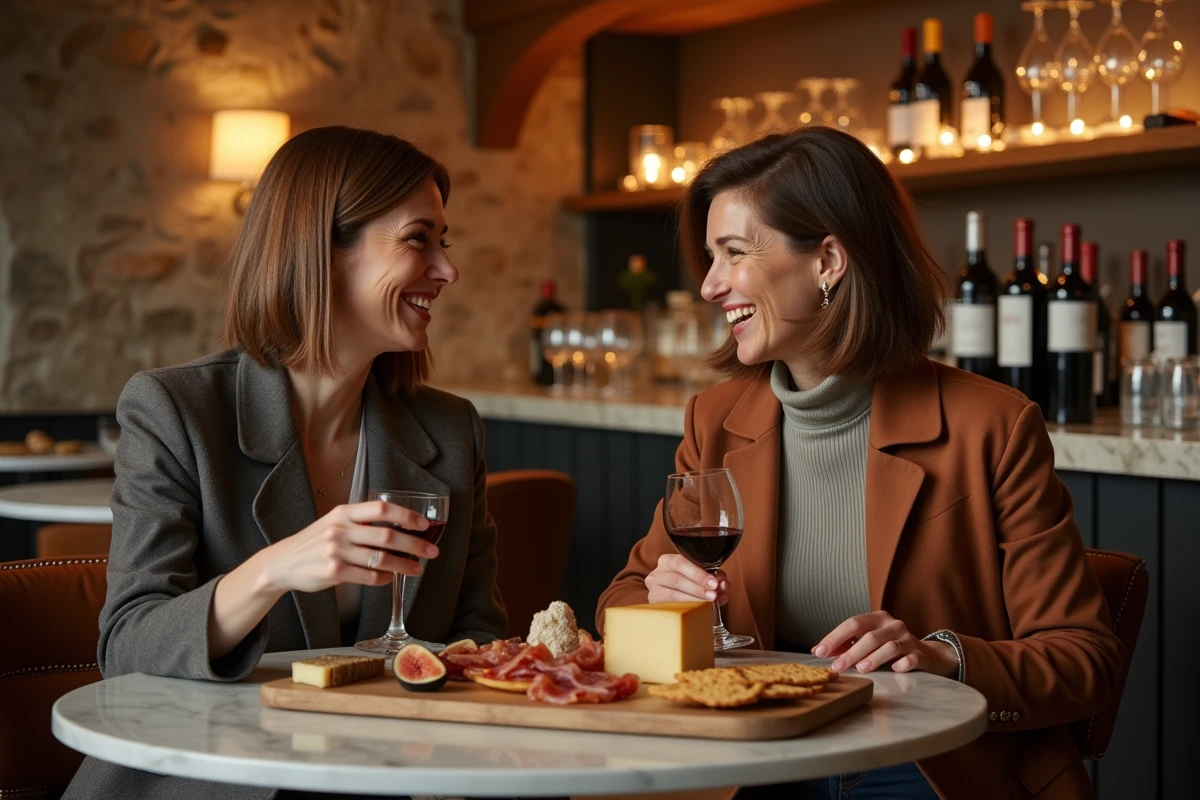 Deux femmes partageant une planche de charcuterie et fromages dans une cave à manger authentique avec des murs en pierre