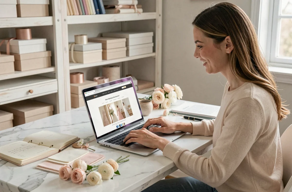Femme planifiant son mariage en ligne sur un ordinateur portable entouré d'échantillons de tissus et de fleurs