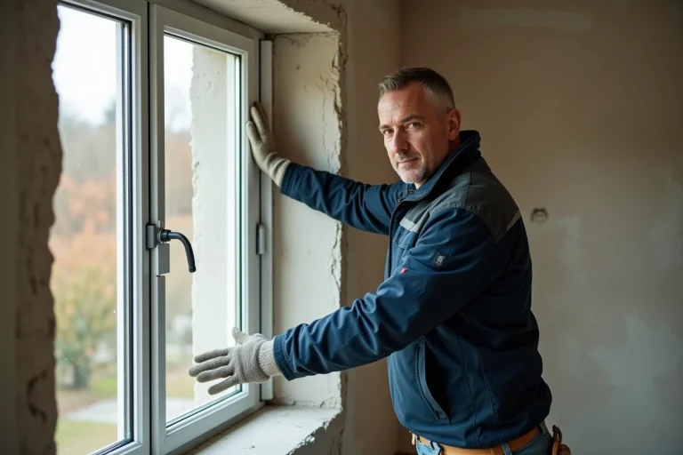 Artisan en train de poser une nouvelle fenêtre à double vitrage dans une maison lors de travaux de rénovation éligibles aux déductions fiscales sur revenus fonciers