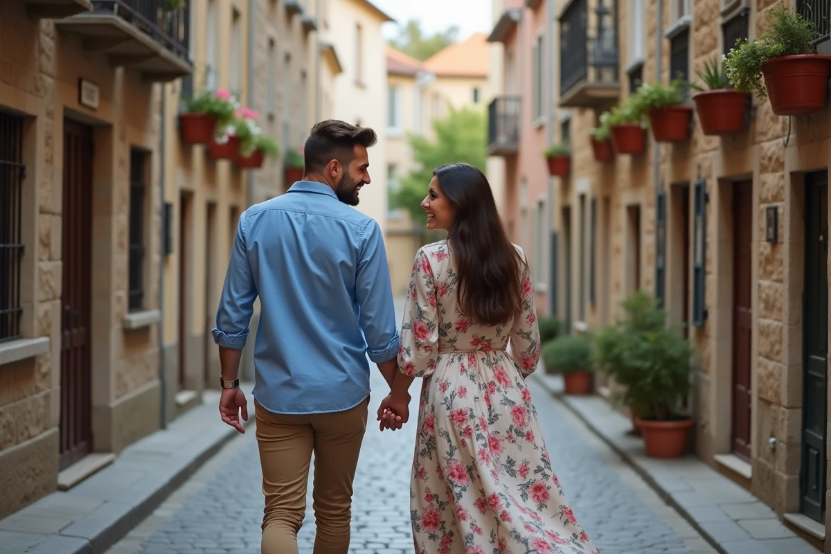 Couple main dans la main marchant dans une rue pavée en Europe