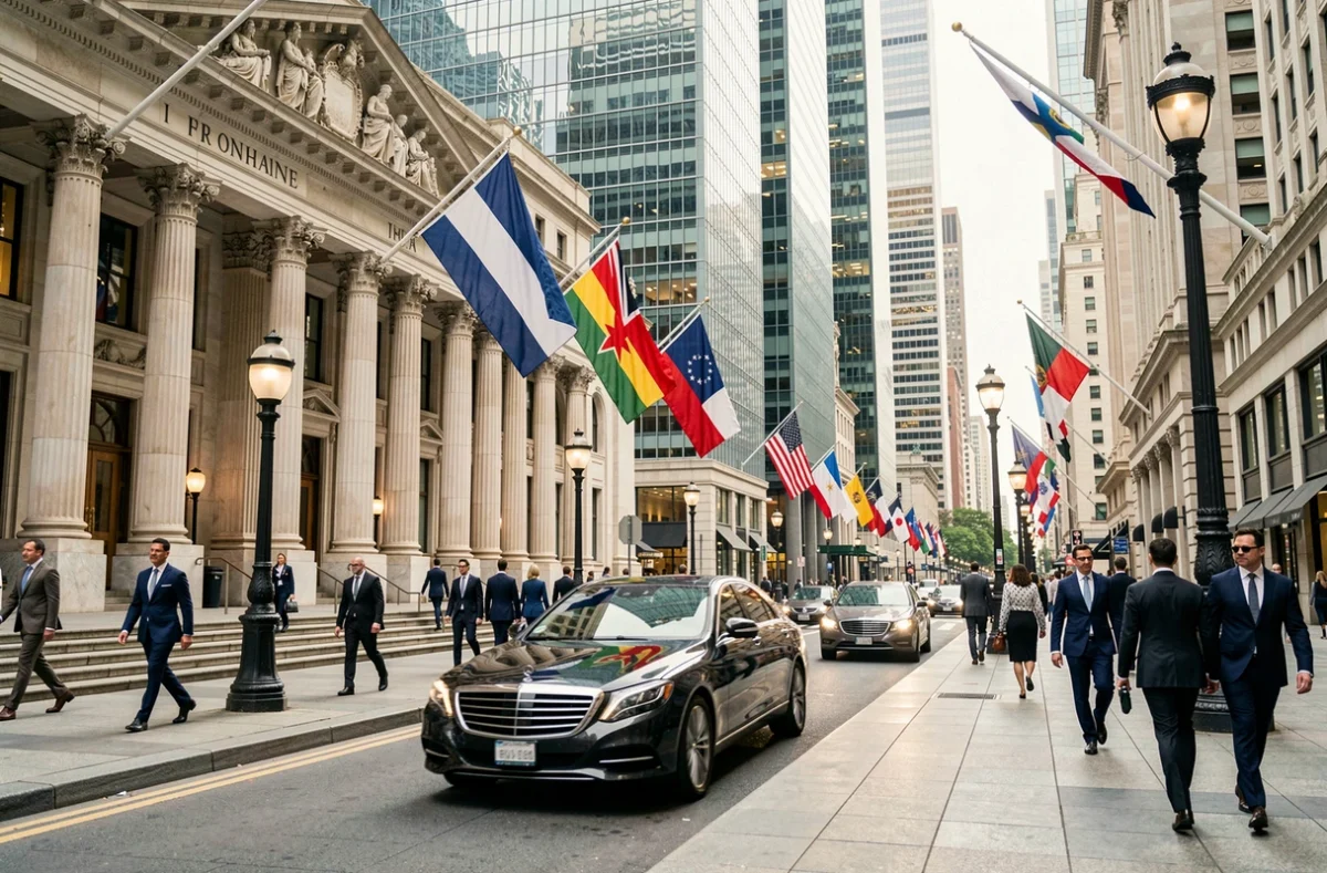 Quartier financier prospère avec immeubles modernes et façades néoclassiques symbolisant les pays les plus riches du monde