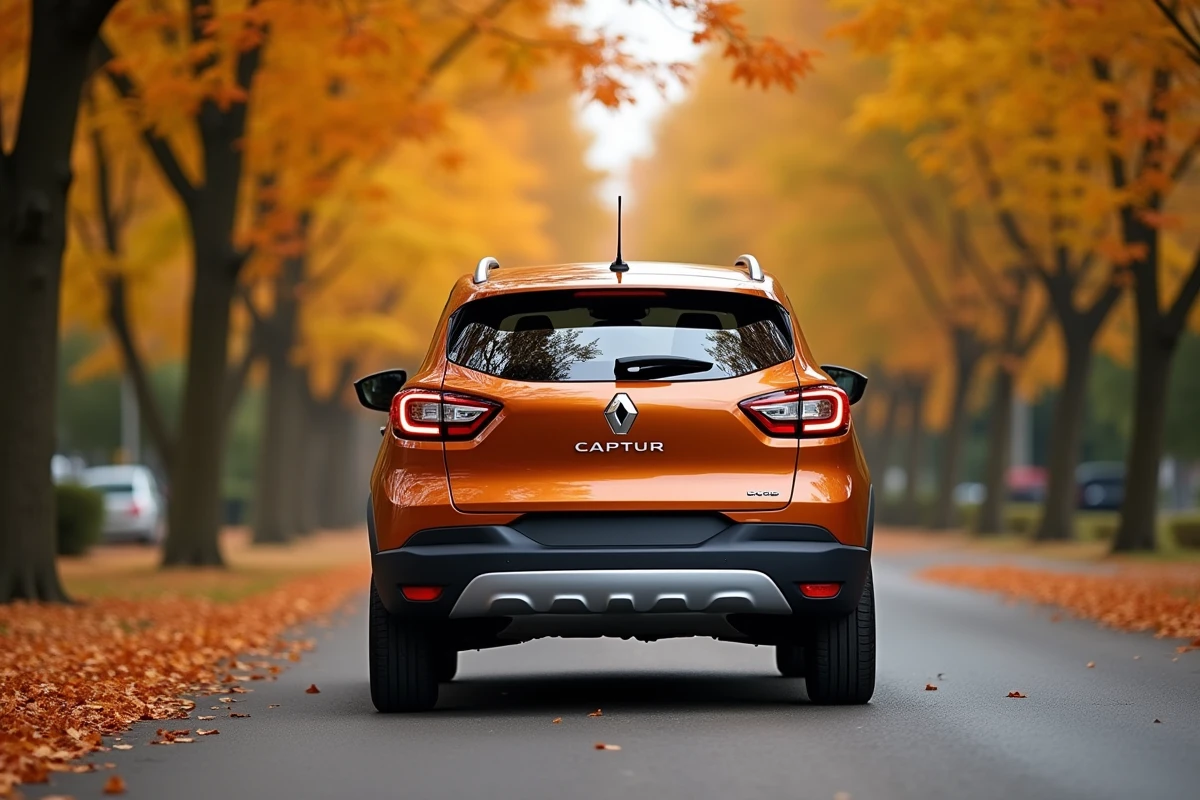 Renault Captur E-Tech hybride sur une route suburbaine bordée d'arbres aux teintes automnales, illustrant son profil de SUV compact polyvalent