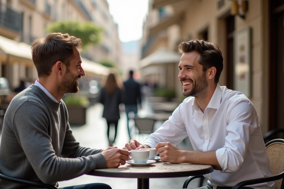 Deux hommes en rendez-vous galant sur une terrasse de café en ville