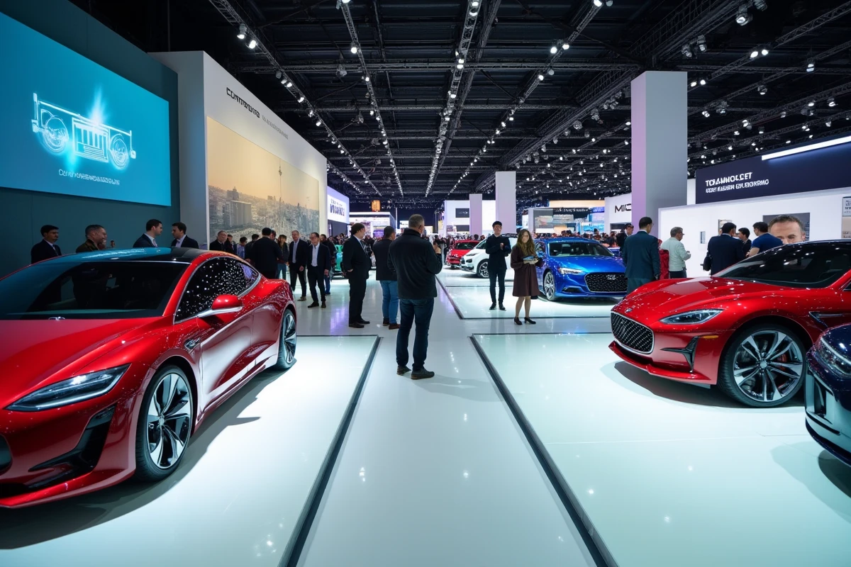 Vue panoramique d'un salon automobile international avec des visiteurs admirant des concept cars et véhicules de série