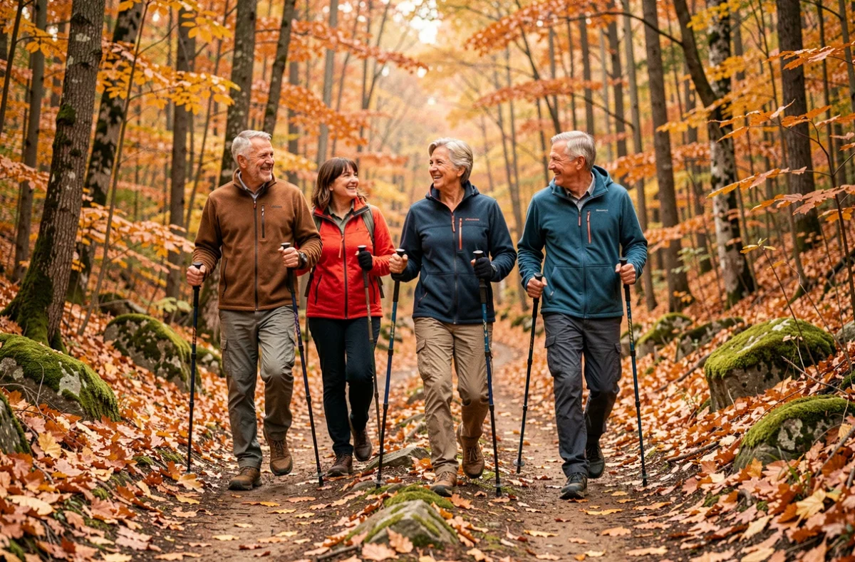 Groupe de seniors actifs de plus de 50 ans partageant une randonnée en forêt en automne