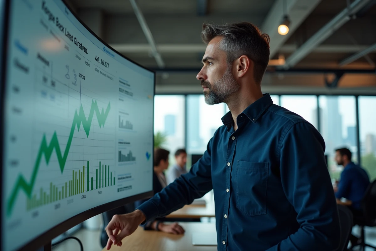 Professionnel en télétravail consultant un outil de suivi de position SEO gratuit sur grand écran dans un espace de coworking