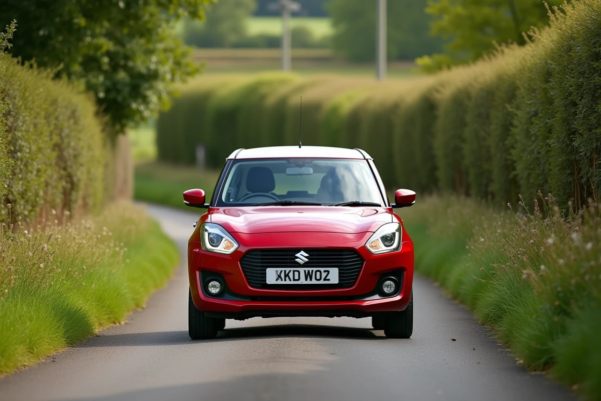 Suzuki Swift hybride sur une route de campagne sinueuse, mettant en avant sa légèreté et son gabarit compact
