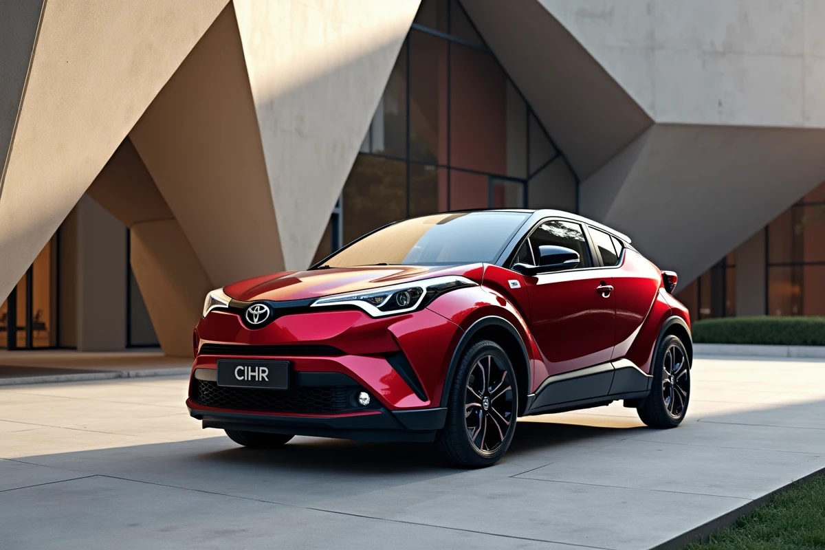 Toyota C-HR hybride devant une architecture contemporaine aux formes géométriques, illustrant son design audacieux comme argument d'achat