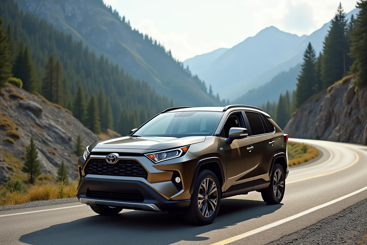 Toyota RAV4 hybride sur une route de montagne pittoresque, illustrant ses capacités pour les longs trajets en toutes conditions