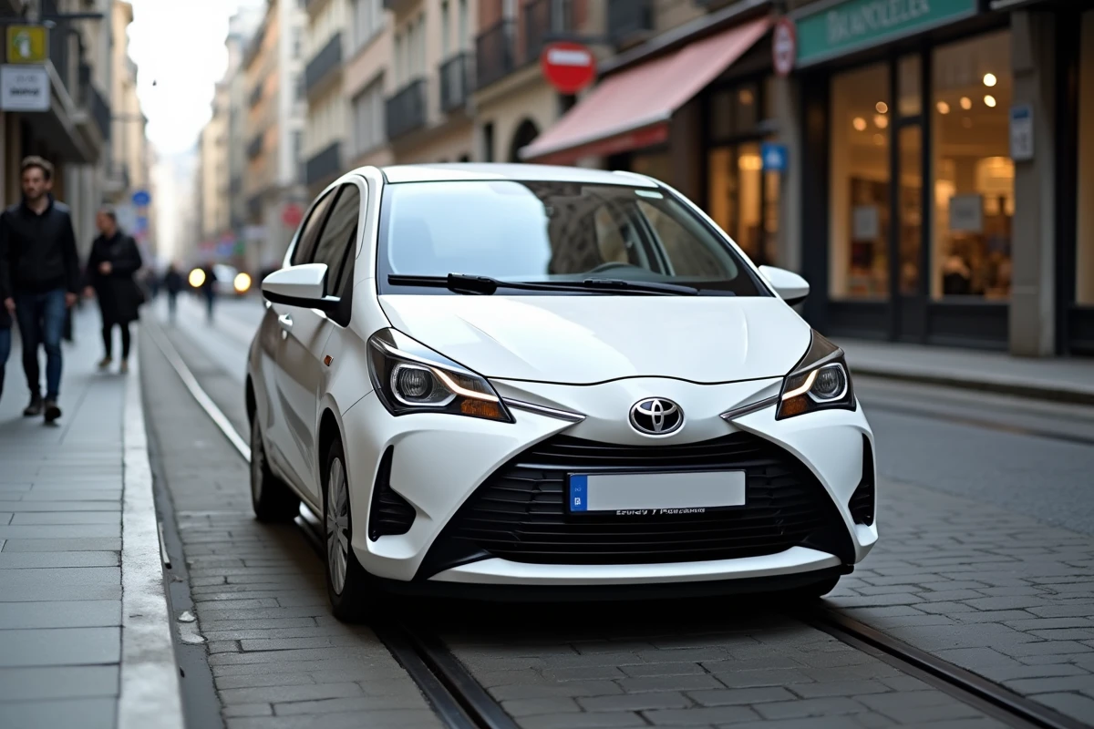 Toyota Yaris hybride garée dans une rue urbaine animée, mettant en valeur son profil compact et son efficacité en ville