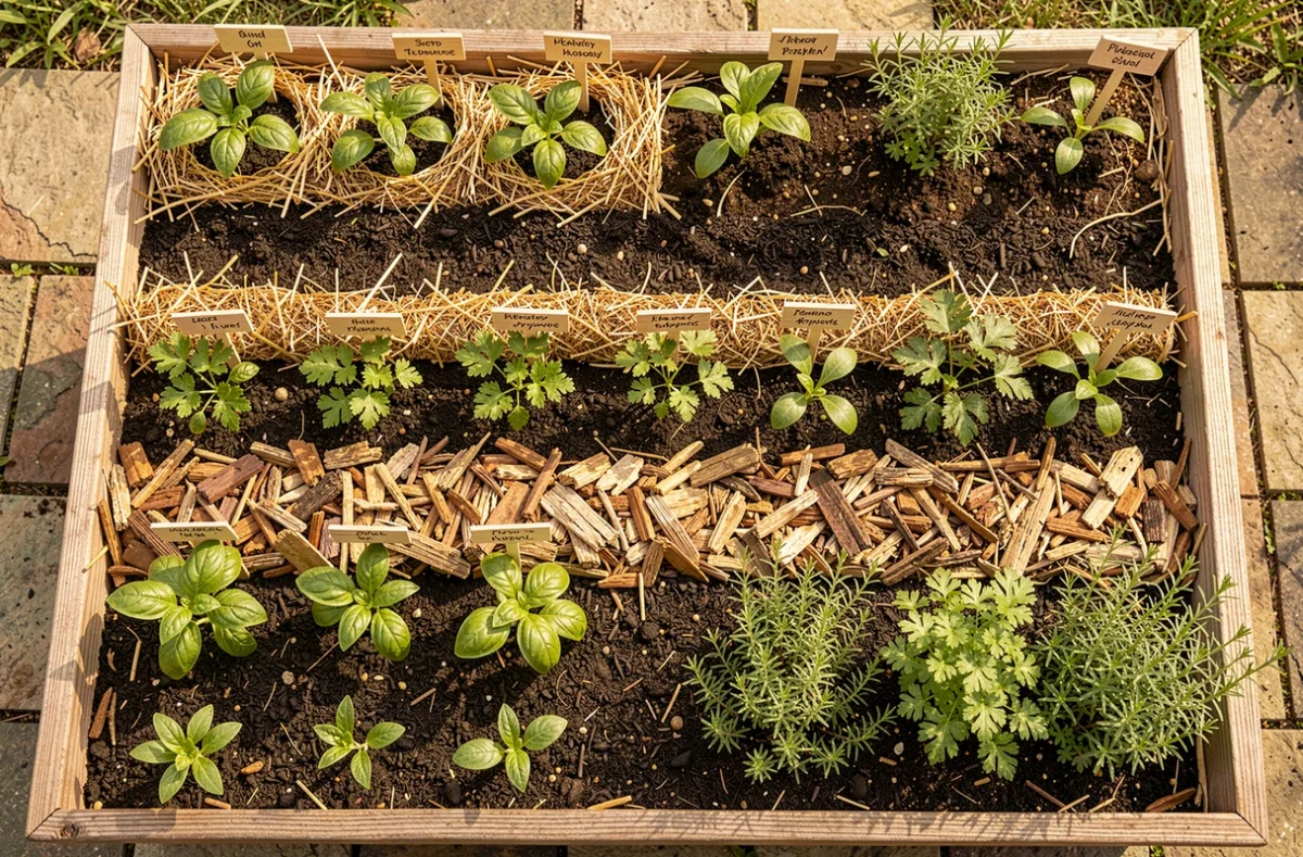 Vue aérienne d'un carré potager surélevé montrant les couches de compost, paille et terreau avec des plants d'herbes aromatiques en rangées