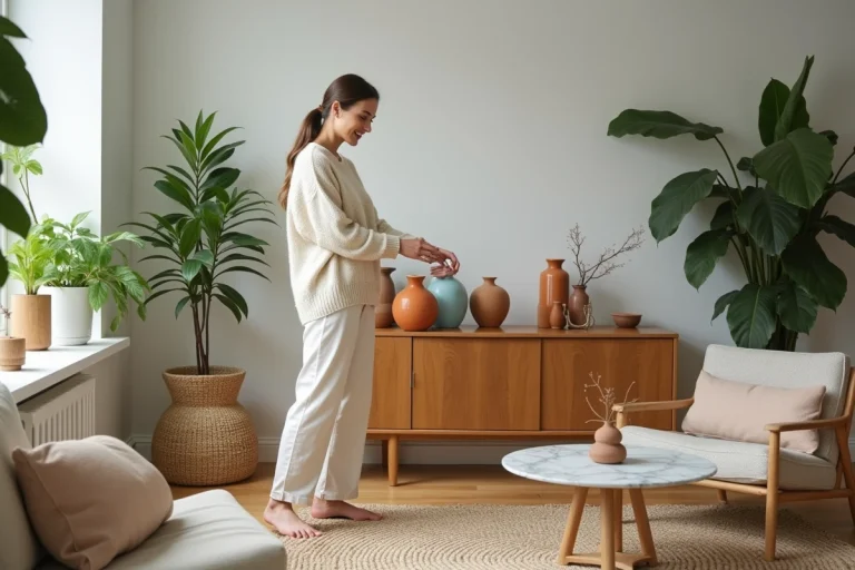 Femme souriante arrangeant des vases en céramique dans un salon lumineux